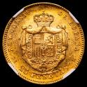 World Coins - Alfonso XII (1874-1885). 25 pesetas. 1878*18-78. Madrid. DEM. (Cal-70). Gold. 8.07 grams. Original mint luster. Encapsulated by NGC as MS 62.