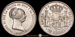 World Coins - Isabella II (1833-1868). 20 reales. 1852. Seville. (Cal-628). Ag. 25.67 grams. Minor edge nicks. Choice Very Fine (VF+).