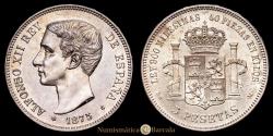 World Coins - Alfonso XII. 5 Pesetas. (24.83 g.). Madrid. 1875 *18-75*. Assayer DE·M. AC-35. Choice Extremely Fine.