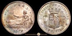 World Coins - Provisional Government (1868-1871). 2 pesetas. 1870*18-74. Madrid. DEM. (Cal-31). Ag. 10.02 grams. Attractive specimen. Scarce in this grade. Choice Extremely Fine.