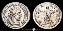 Ancient Coins - Trajan Decius hybrid with reverse of Philip I (RIC 41). Silver antoninianus (4.55 g.). Rome. PAX AETERN. Very rare. Choice Extremely Fine.