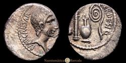 Ancient Coins - Octavian. Denarius. 37 BC. Southern Italy. (Craw-538/1). (BMCRR Gaul-116). (RSC-91). AR. 3.32 grams. Light cabinet tone. Off-center strike. Choice VF.
