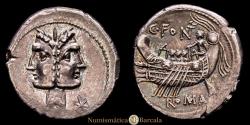 Ancient Coins - Fonteia. C. Fonteius. Denarius. 114-113 B.C. Southern Italy. (RSC-1). (FFC-713). (Craw-290/1). (Cal-585). AR. 3.96 grams. Soft and beautiful cabinet patina. Choice Extremely Fine.