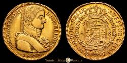 World Coins - FERDINAND VII. Santiago de Chile. 8 escudos. 1808. FJ. (Cal-1860). (Cal onza-1341). Au. 27.01 g. AU or better, traces of original mint luster. Very fine specimen. Scarce in this pr...