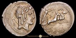 Ancient Coins - JULIA. L. Julius Bursio. Denarius (3.84 g.). Rome, 85 B.C. Obv.: Star and trident. Rev.: MA above the horses. Cal-637; FFC-771; Se-5b. Choice EF.