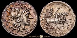 Ancient Coins - T. Annius Rufus. 144 B.C. Denarius (21 mm, 3.93 g, 3 h). Rome mint. Crawford 221/1 (T. Annius Rufus); Aurelia 19; RBW 945 (Annius Rufus). Beautiful iridescent patina. Choice EF.