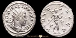 Ancient Coins - Philip II. Antoninianus. (4.66 g.). Rome, 248 AD. VIRTVS AVGG. RIC 223. Choice Extremely Fine. Original mint luster.