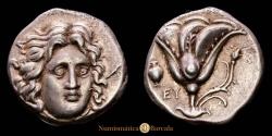 Ancient Coins - CARIA-RHODES. Rhodian Didrachm. 333-304 BC. Radiate head of Helios facing slightly right. Rose, oinochoe to left, EY below. COP-730. SBG-5048var. 6.71 grams.