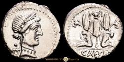 Ancient Coins - Julius Caesar. Denarius. (3.71 g.). Gaul. 46-45 B.C. Craw-468/1. XF+. O: Diademed head of Venus right; Cupid on her shoulder / R: Gallia and Gaulish captive seated beneath trophy.