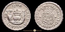 World Coins - Ferdinand VI. 1/2 Real. (1.61 g.). Lima. 1759. Assayers J·M. Aureo & Calico-63. Choice VF. Very rare.