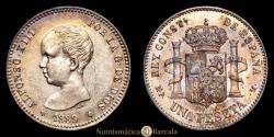 World Coins - Alfonso XIII (1886-1931). 1 peseta. 1889*18-89. Madrid. MPM. (Cal-52). Ag. 5.01 grams. Light patina. AU-. Rare.