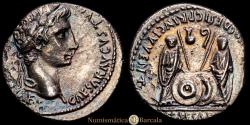 Ancient Coins - Augustus. Denarius. 7-6 BC Rome. (RIC-207). (BMCRE-433). (RSC-43c). Ag. 3.57 grams. Off-center strike. VF.