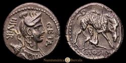 Ancient Coins - Roman Republic. C. HOSIDIUS GETA. Denarius. 68 BC. Rome. Crawford 407/2; BMCRR Rome 3388. 3.76g. Choice Extremely Fine.