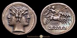 Ancient Coins - Anonymous. Didrachm – Quadrigatus. 225-214 BC. Uncertain mint. (Craw-28/3). AR. 6.66 grams. Beautiful specimen with a lovely iridescent cabinet patina. In excellent condition...