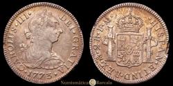 World Coins - Charles III (1759-1788). 2 reales. 1773. Mexico City. FM. (Cal-659). Silver. 6.64 g. Mint and assayer marks in normal position. Choice VF. Light patina.