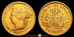 World Coins - Isabella II (1833-1868). 2 pesos. 1861. Manila. (Cal-836). Gold. 3.34 g. Scarce. Choice Very Fine.