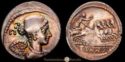 Ancient Coins - Carisia. T. Carisius. Denarius. 46 B.C. Rome. (Ffc-538). (Craw-464/5). AR. 3.68 g. Beautiful iridescent cabinet toning. Choice EF.
