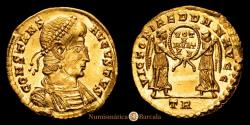 Ancient Coins - Solidus. Struck 348-350 AD. CONSTANS. TREVERI. Obv.: CONSTANS AVGVSTVS. Diademed, draped, and cuirassed bust right. 4.52 g. AU. C-171; RIC-135. SC-. Full original luster...