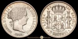 World Coins - Isabella II (1833-1868). 2 escudos. 1868*18-68. Madrid. (Cal-648). Ag. 26.01 grams. Minor marks. Partial original luster. Attractive. Scarce. AU/AU+.
