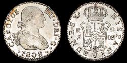 World Coins - Charles IV. 2 Reales (5.78 g.). 1808. Seville. Assayer C.N. AC-728. UNC- Traces of original luster.
