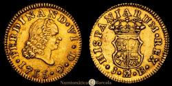 World Coins - Ferdinand VI (1746-1759). 1/2 escudo. 1755. Madrid. JB. (Cal-558). Gold. 1.81 g. Third bust. Choice Extremely Fine. Beautiful color.