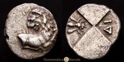 Ancient Coins - THRACE. Chersonesos. Circa 386-338 BC. Hemidrachm. Cf. HGC 3.2, 1437 (different monogram). An apparently unpublished variety with ΔI. 2.09 grams, 14 mm. VF+.