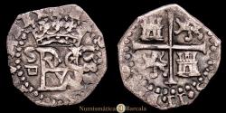 World Coins - Philip II (1556-1598). 1/2 real. 1589/8. Seville. (Cal-156). (Jarabo-Sanahuja-A784 var). Silver. 1.69 g. Overdate. Square 'd' assayer mark. Rare. VF+.