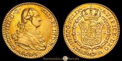 World Coins - Charles IV (1788-1808). 2 escudos. 1801/1791. Madrid. FA. (Cal-1299). Gold. 6.73 grams. Overdate. Traces of original luster. Choice Very Fine (EF/VF). Rare.