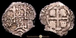 World Coins - Charles II (1665-1700). 1 real. 1694. Potosí. VR in monogram. (Cal-287). Ag. 2.93 grams. Double date and triple assayer. Part of the king's name visible. VF+. Toned.