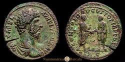 Ancient Coins - Lucius Verus (161-169). Æ Sestertius (35 mm, 23.09 g, 11 h). Rome, 162. RIC III 1311 (Marcus Aurelius). Green patina. Choice VF.