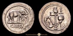 Ancient Coins - Julius Caesar. Denarius. 54-51 BC. Gaul. (Ffc-50). (Craw-443/1). (Cal-640). AR. 3.86 g. Very well-centered strike on a very broad flan. Banker's mark on the obverse...