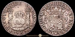 World Coins - Charles III. 1762 Lima. JM. 4 reales. (AC.819., Yonaka-L4-62). Pillar type. Dot above the first LMA. 13.35 grams. RARE. Fine specimen. VF.