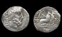 Ancient Coins - C. Tituria, Denarius, King Tatius with Fast Biga reverse