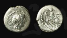 Ancient Coins - M Porcius Cato, Quinarius, Subaeratus, Victory Seated reverse