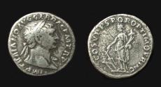 Ancient Coins - Trajan, Denarius, Scarce Fortuna Standing Reverse