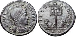 Ancient Coins - Constantine I. AE 3, Reduced Follis; Constantine I; 307-337 AD, Ticinum, 319-20 AD, Reduced Follis, 2.91g. RIC-114, officina T=3 (r1). Obv: CONST - ANTINVS AVG Helmeted, cuirassed