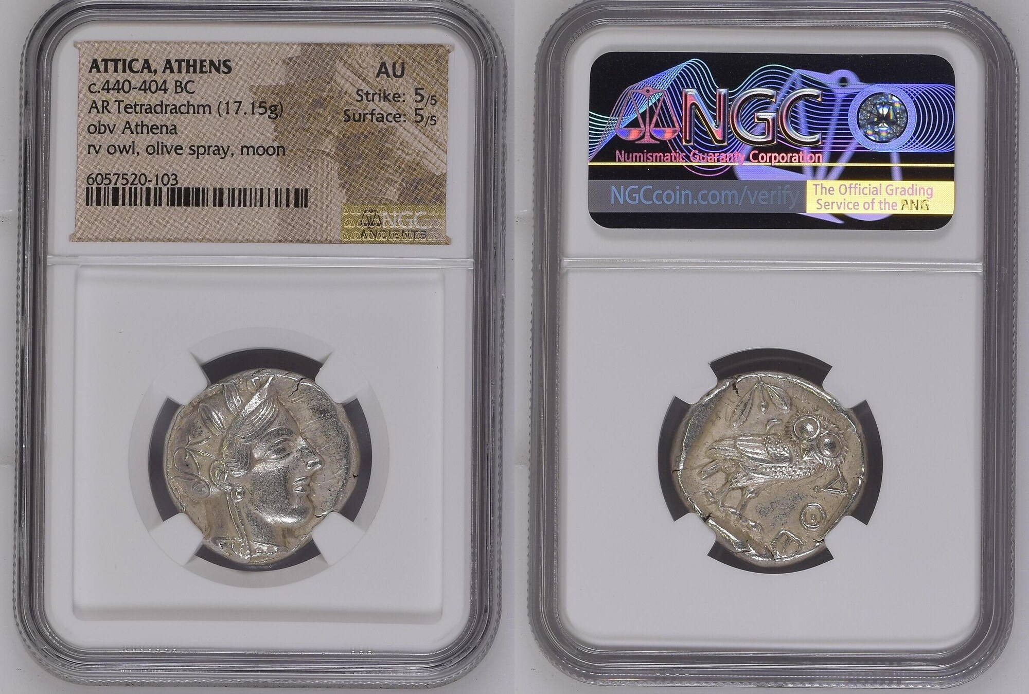 ATTICA, ATHENS AR Tetradrachm c.440-404 BC NGC AU Strike: 5