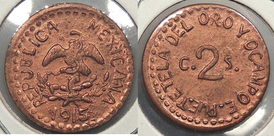 1915 Mexican Revolution Puebla Tetela Del Oro y Ocampo 2 Centavos Coin Mexico 
