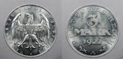 World Coins - GERMANY: Weimar Republic 1922-A 3 Mark