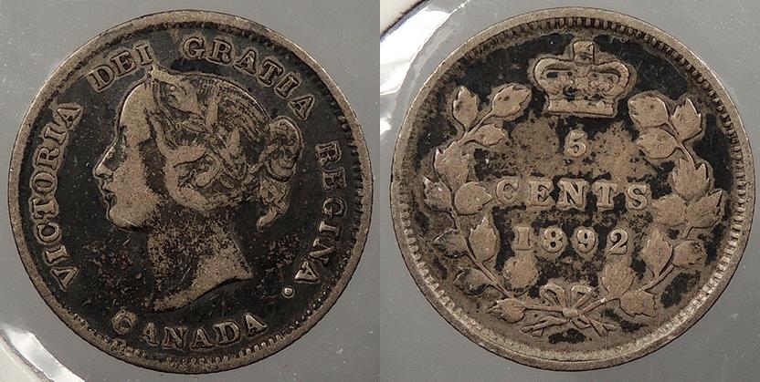 World Coins - CANADA: 1892 Victoria 5 Cents
