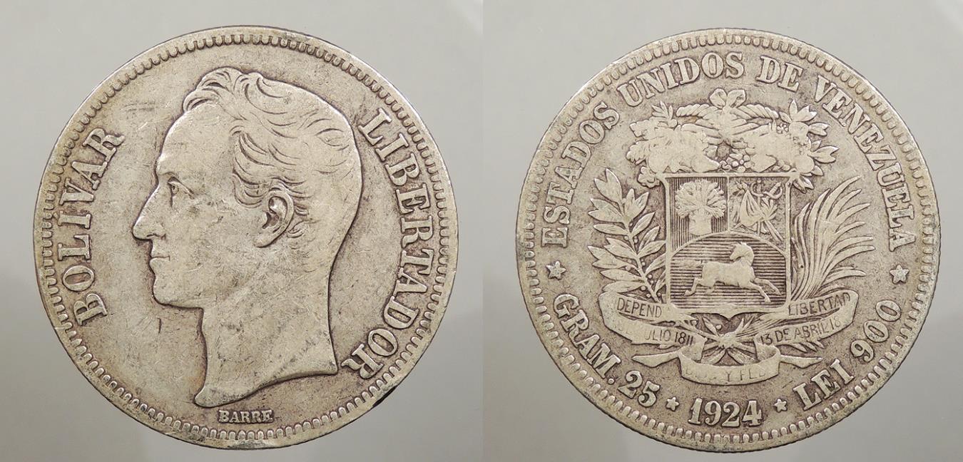 VENEZUELA 1924 5 Bolivares South American Coins