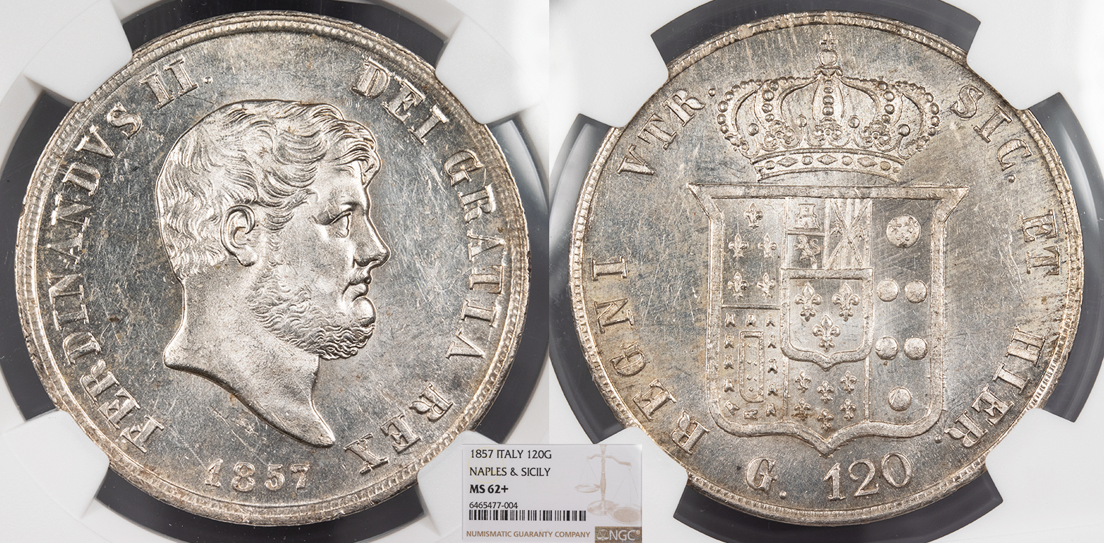 ITALIAN STATES Naples & Sicily Ferdinand II 1857 120 Grana NGC MS-62+