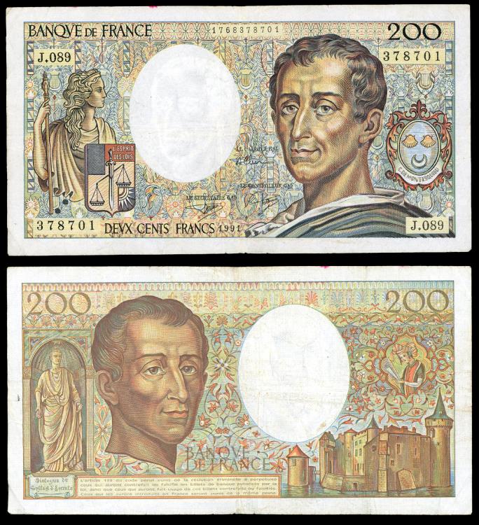 World Coins - FRANCE Banque de France 1991 200 Francs VF
