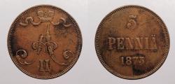 World Coins - FINLAND: 1875 5 Penniä
