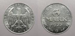 World Coins - GERMANY: Weimar Republic 1922-G 3 Mark