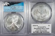 Us Coins - 2020-W Burnished Silver Eagle 1 Dollar (Silver) First Day of Issue; Cleveland Signature PCGS SP-70