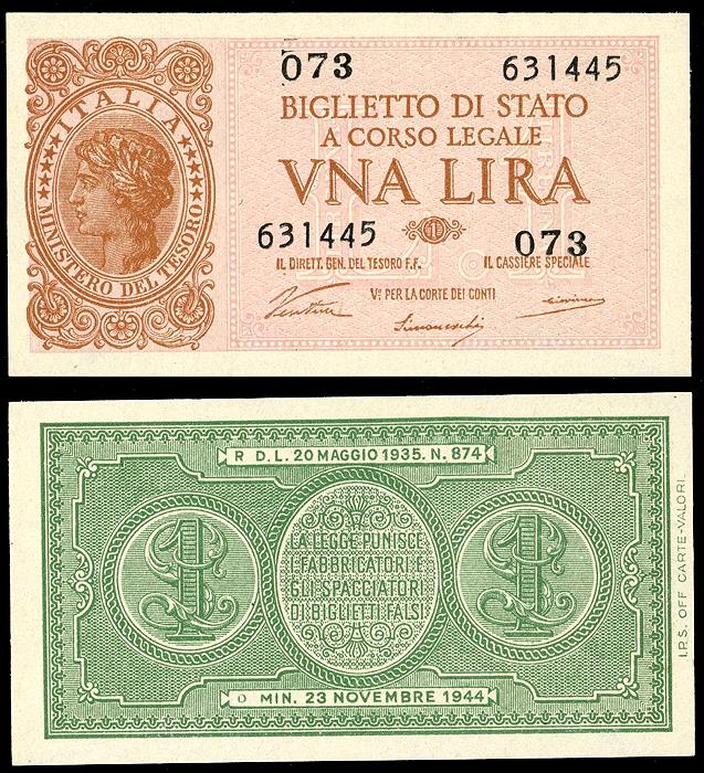 World Coins - ITALY Ministero del Tesoro 23 November 1944 Lira UNC