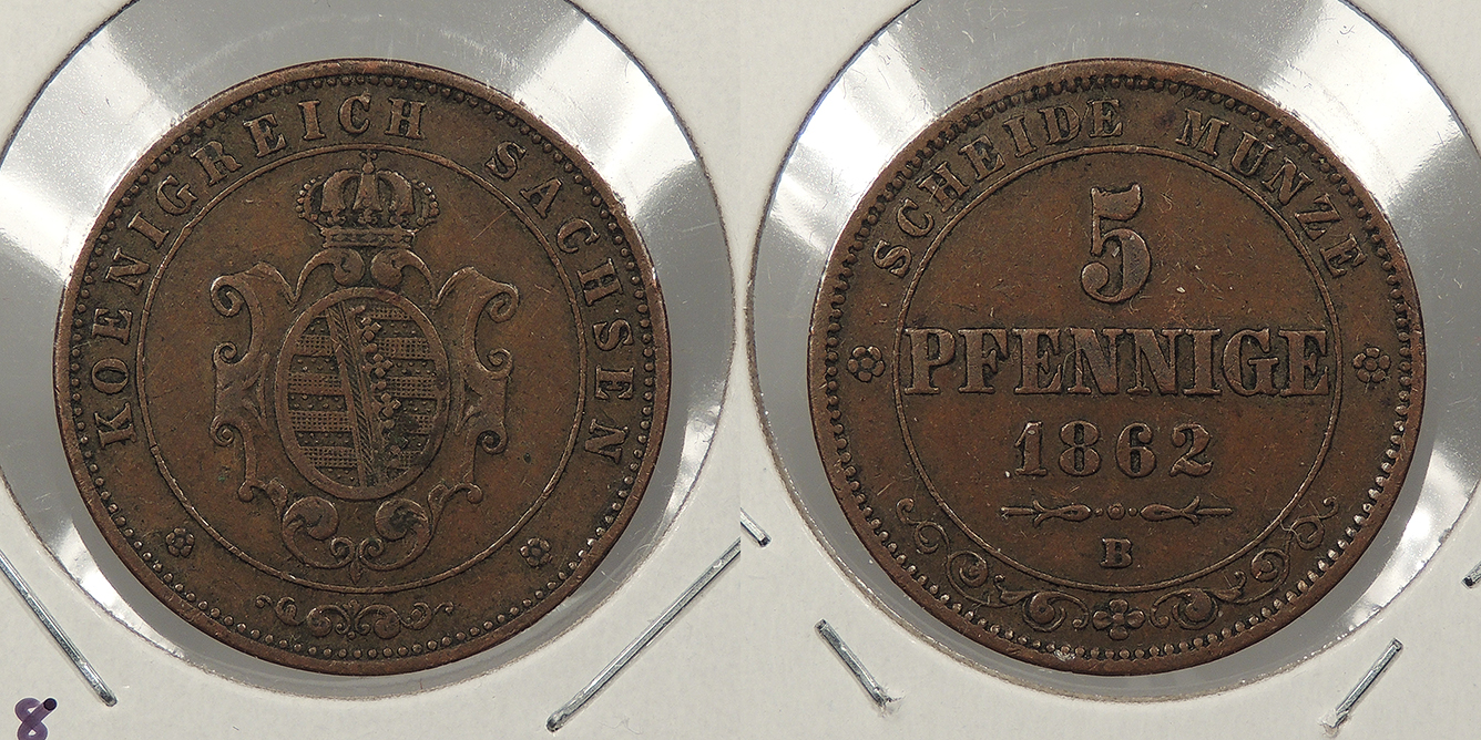 GERMAN STATES: Saxony (Sachsen) 1862-B 5 Pfennige | European Coins