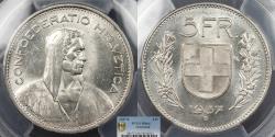 World Coins - SWITZERLAND 1937-B 5 Francs PCGS MS-64