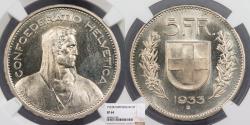 World Coins - SWITZERLAND 1933-B 5 Francs NGC SP-64